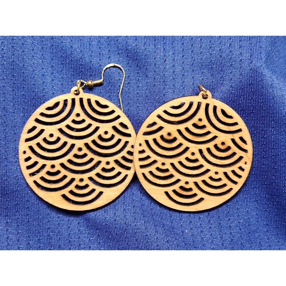 1 Pair Round Shaped Laser Cut Wooden Dangle Earrings Boho Style.